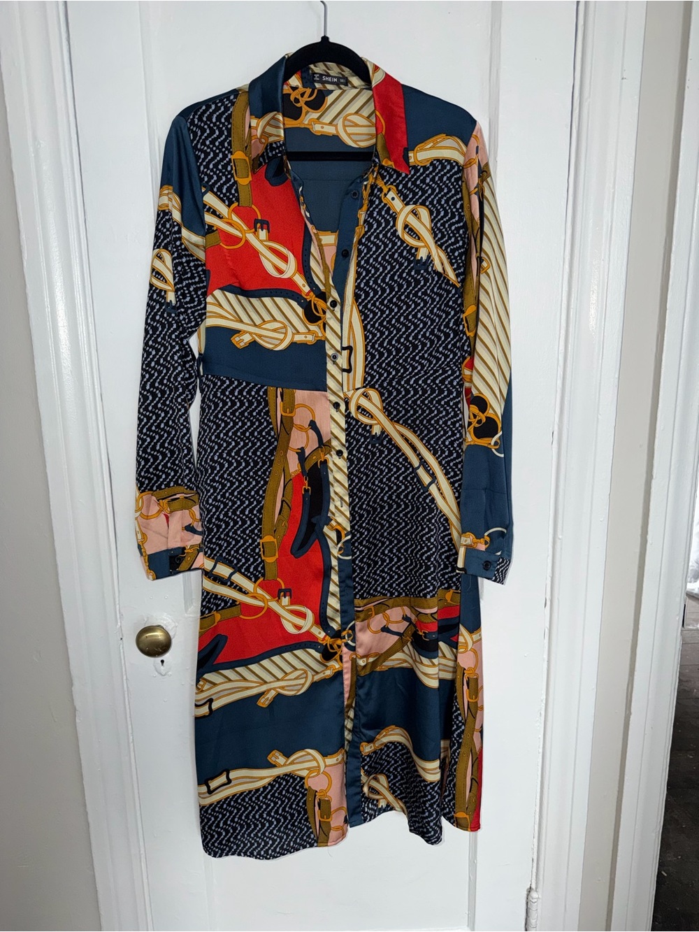 Women’s Printed Shirt Dress - Navy, Red & Gold